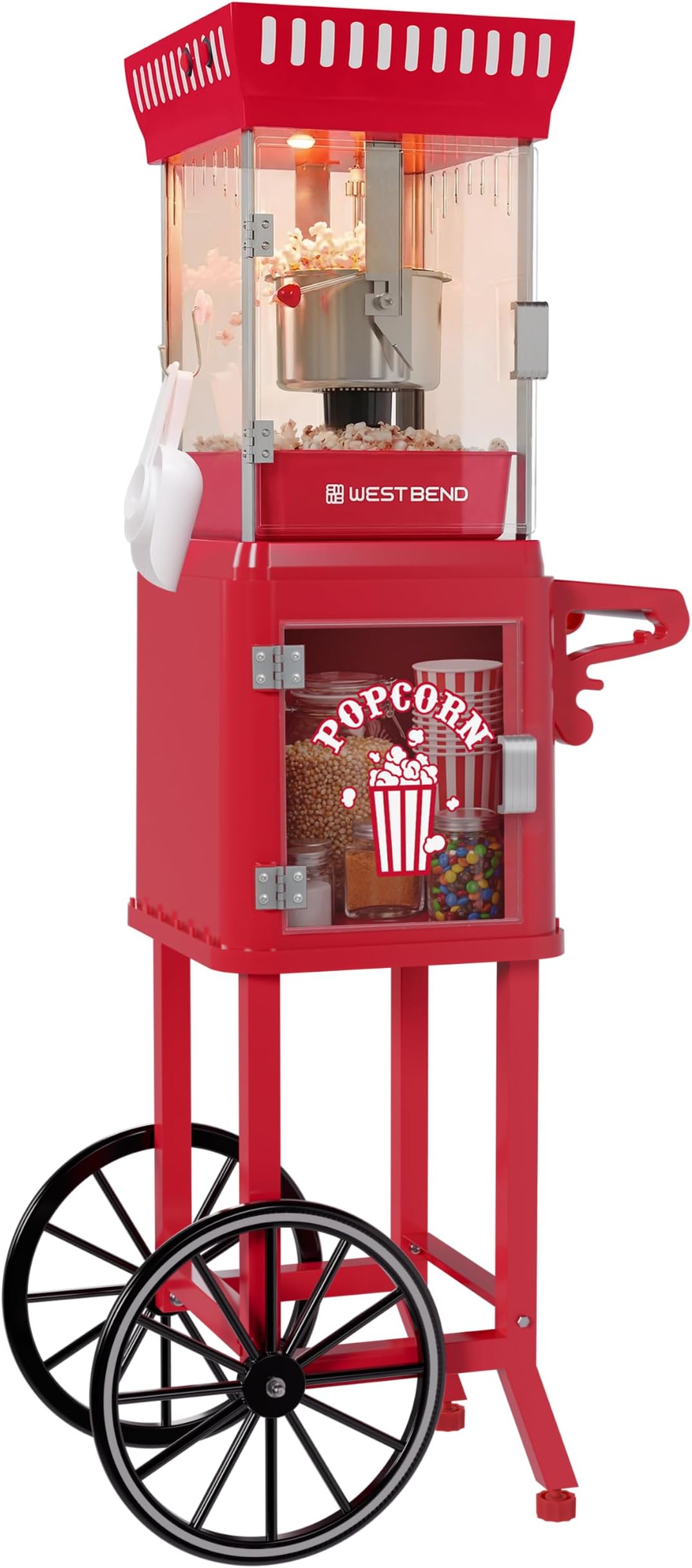 West Bend Popcorn Cart Vintage Theater Style with 2.5 oz Stainless Steel Kettle, Removable Serving Tray, Built-In Storage, Portable Design, 10 Cup Capacity, in Red/Silver