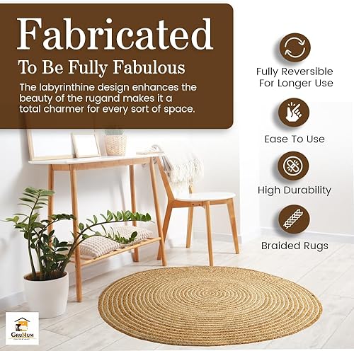 Miniatura 8 de Alfombra tejida a mano de yute de 8 pies, de fibra natural, de algodón, redonda, bohemia, rústica, vintage, suave, trenzada, reversible, ecológica,