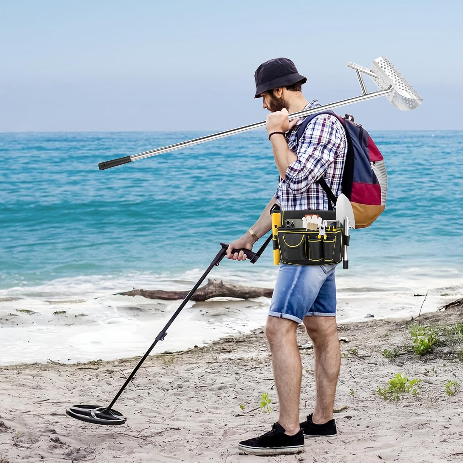 SANLIKE Sand Scoop for Metal Detecting for Adult,Heavy Duty Metal Detector Scoop, Stainless Steel Beach Scoop,Detecting Tool,Digging Shovel Fast Sifting Shovel（Bag + Sand Scoop+Sand Shovel）