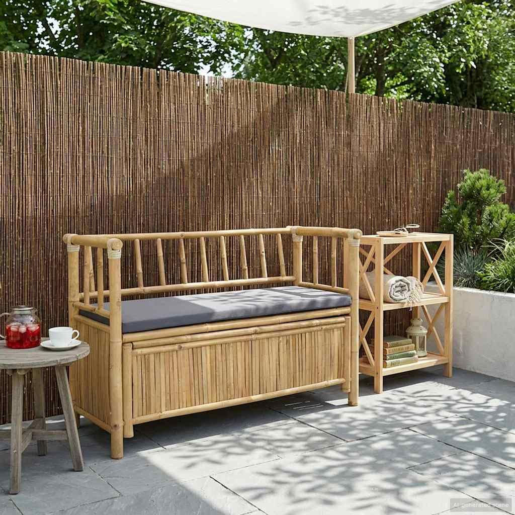 Banc de jardin en bambou résistant aux intempéries et coffre de rangement de 110cm