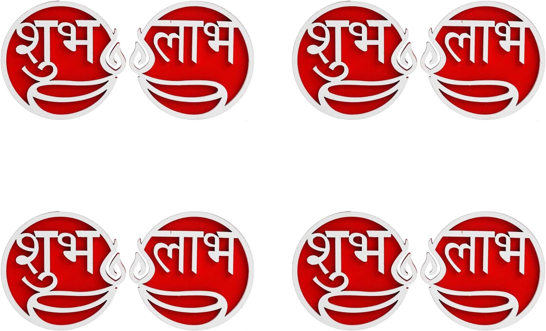 eCraftIndia Set of 4 White & Red Round Shaped Wooden Shubh Labh with Diya Decorative Showpieces for Diwali, Navratri, Ganesh Chaturthi, Festival - Diwali Decoration Items for Home Decor