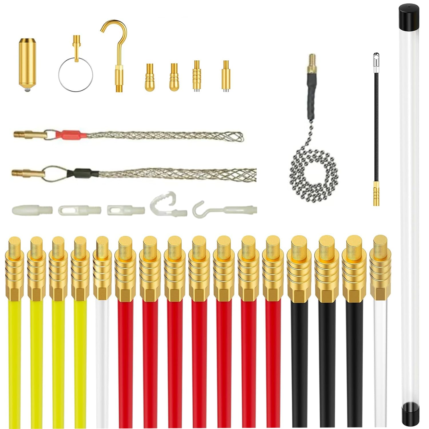 Cable Access Rod Kit, Electric Wire Puller Tools with 16 x 1M Rods for Cable Installation Access Fishing Tools, Installation Attachments Accessories Kit for Wall, Conduit, and Network Cable Fishing