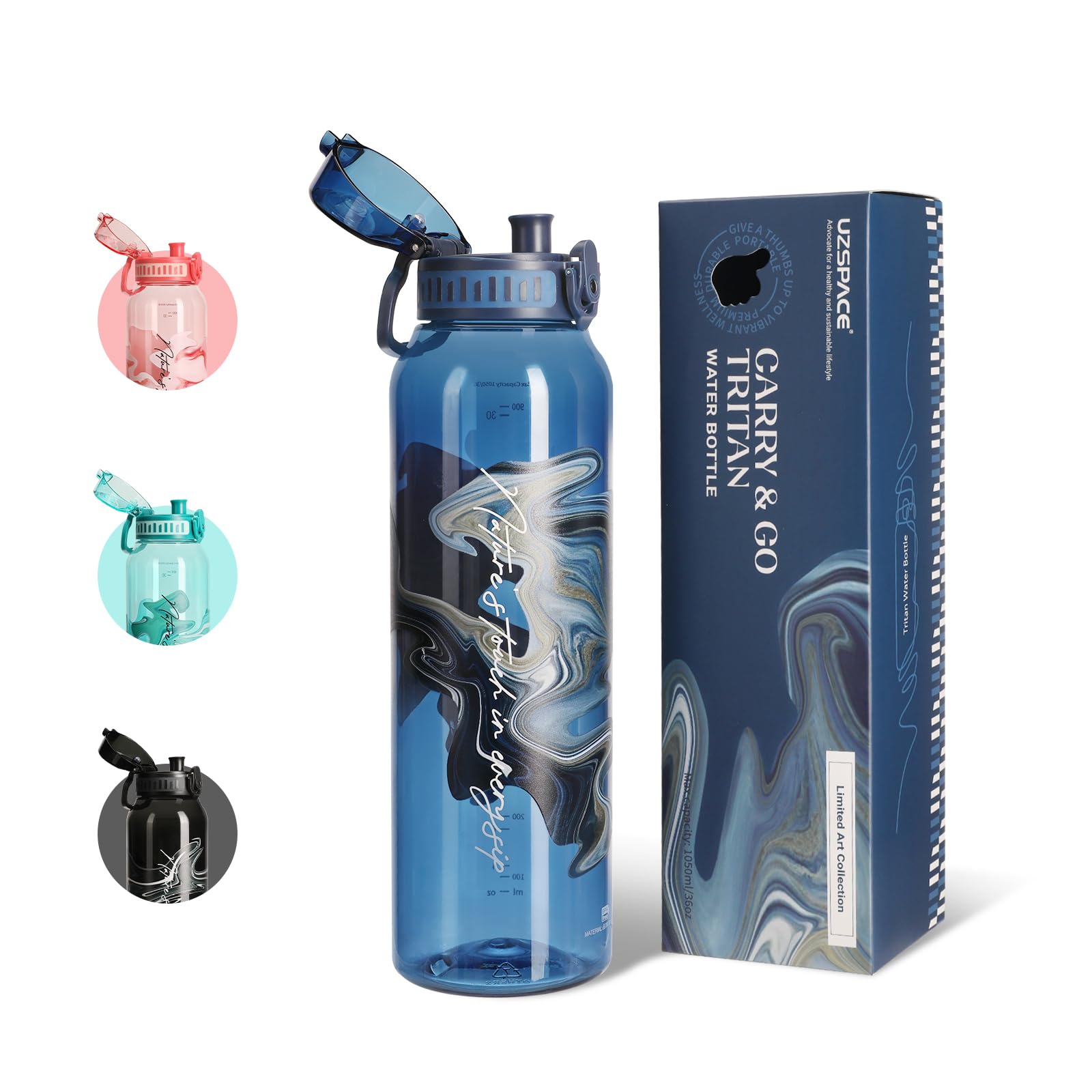 UZSPACE Water Bottle 1l (1050ml) with Handle - BPA Free Drinking Bottles for Adults - ArtisticPrint Water Bottle - Leakproof Gym Bottles - Ideal for Sports or Fitness & Outdoors Blue