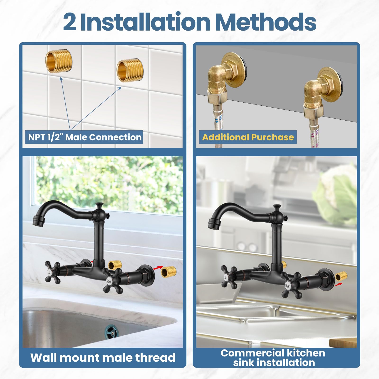 Airuida Grifo central comercial de bronce aceitado de 8 pulgadas para fregadero de cocina y lavabo de montaje en pared grifo 2 agujeros doble cruz asas 360 giratorio