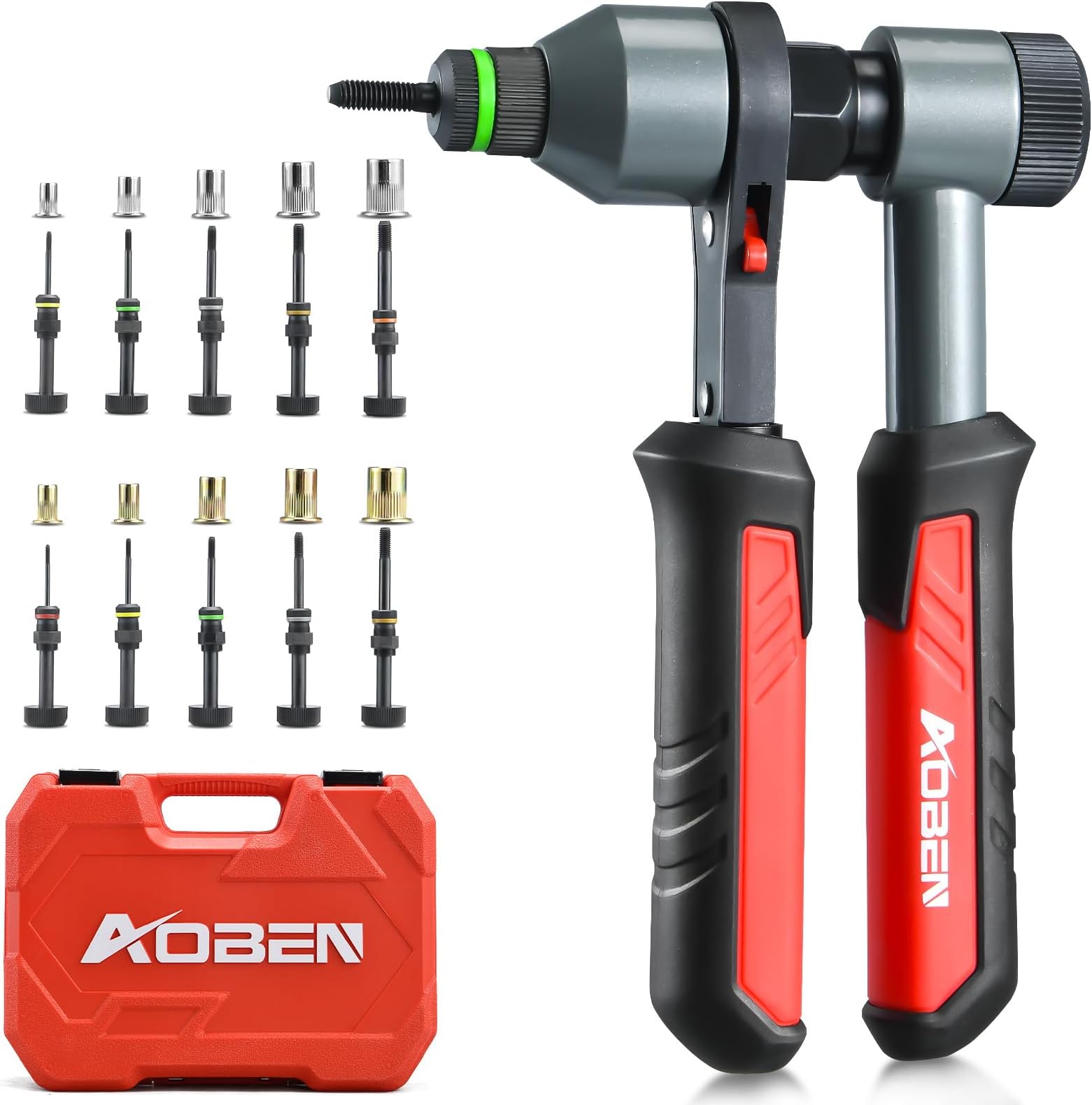 AOBEN Rivet Nut Tool Kit, Nutsert Gun Kit, Upgraded Rivnut Tool with 10 Metric and SAE Madrels, 100 Pcs Rivnuts, and Rugged Carrying Case