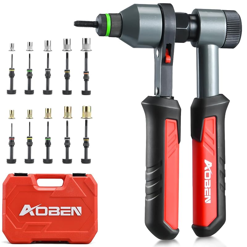 Kit de Rebitador de Porca AOBEN com Catraca, 10 Mandris Métricos e SAE, 100 Porcas Rebite e Maleta AB7003