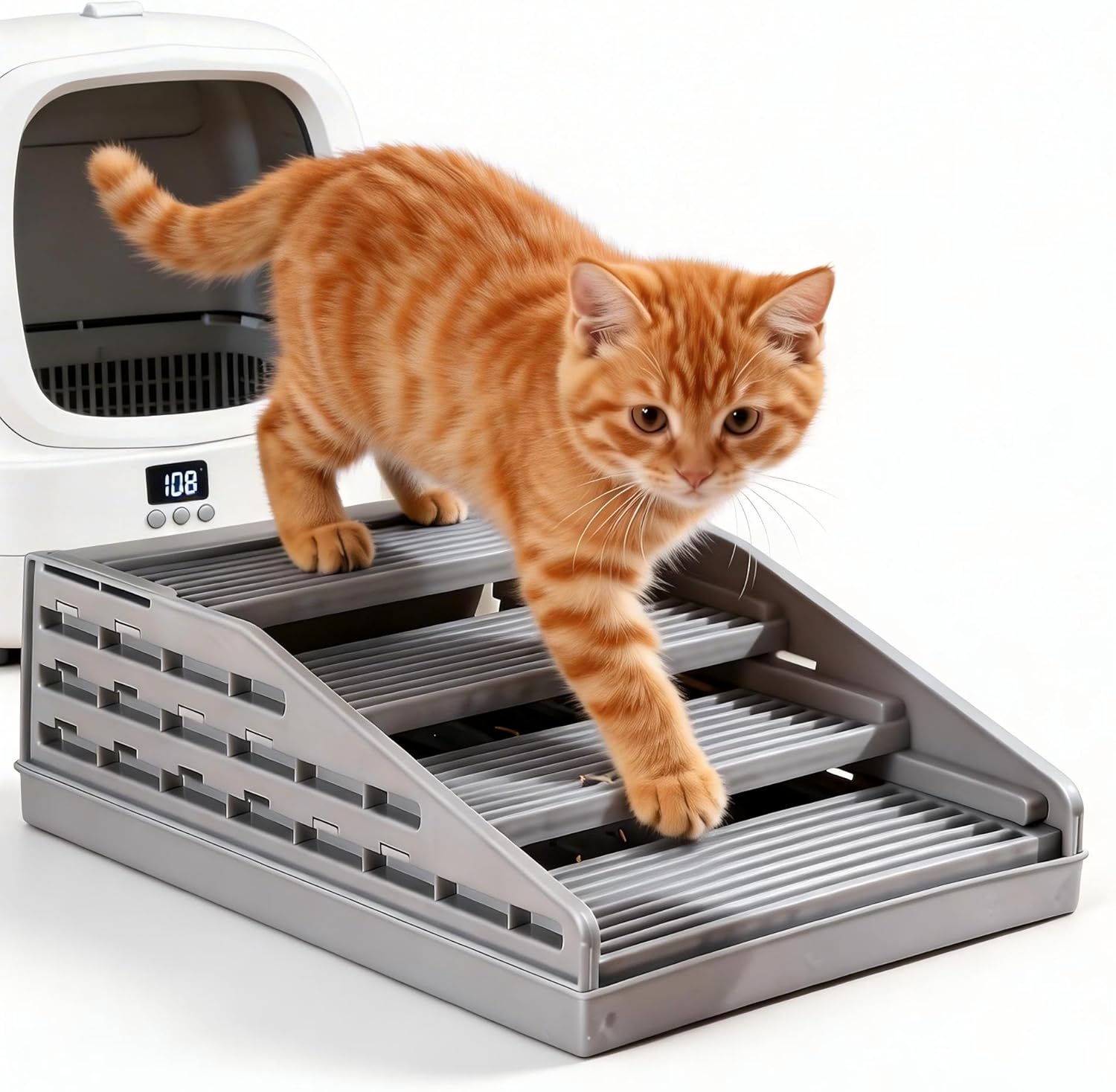 Cat Litter Box Step Ramp with Litter Catcher Adjustable Litter Trapping Cat Stairs Non-Slip Trapping Mat for Kittens and Senior Cats, Washable (Gray, Large)