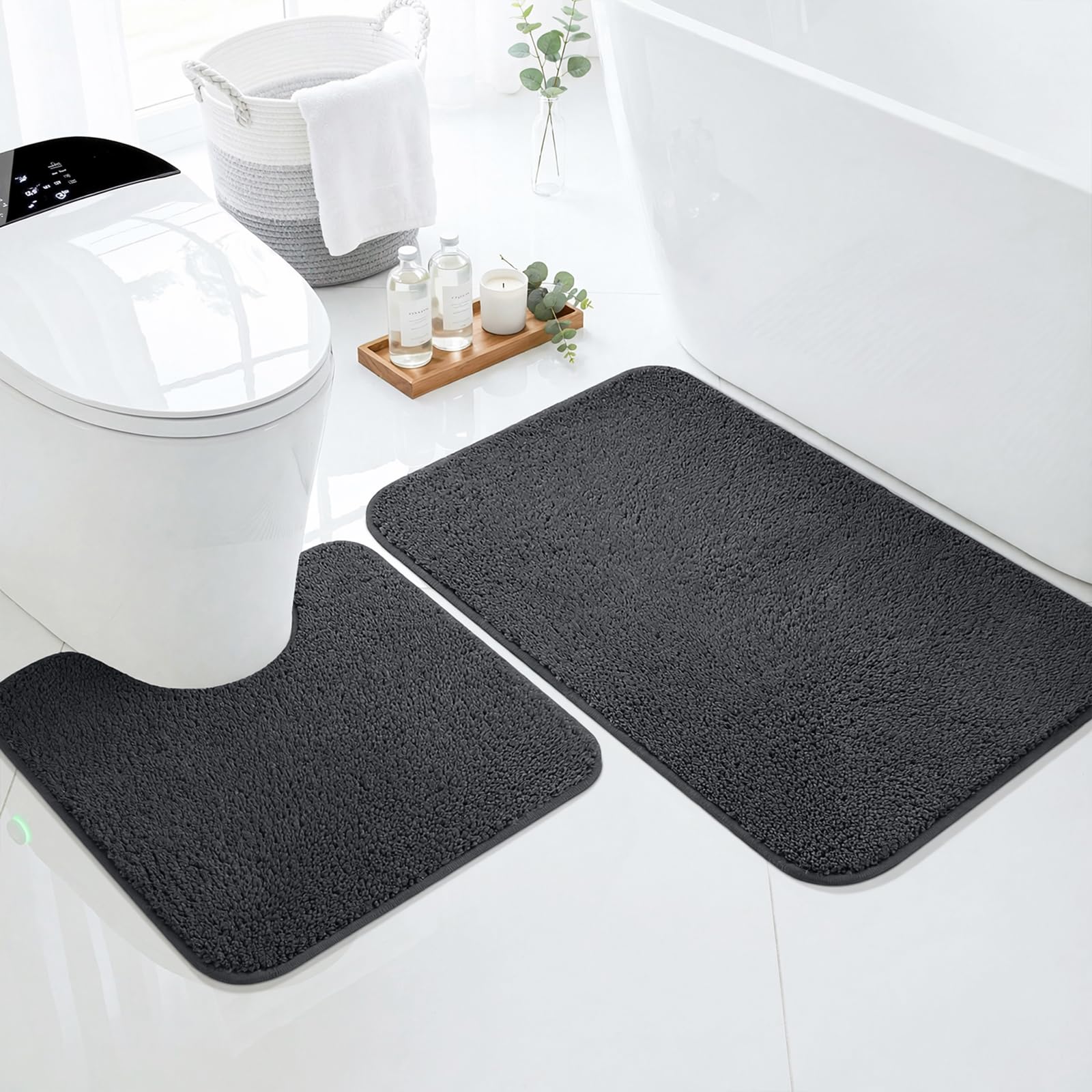 LUSCHEER 2 Piece Bath Mat Set, Shaggy Microfiber Bathroom Mats, Dark Grey