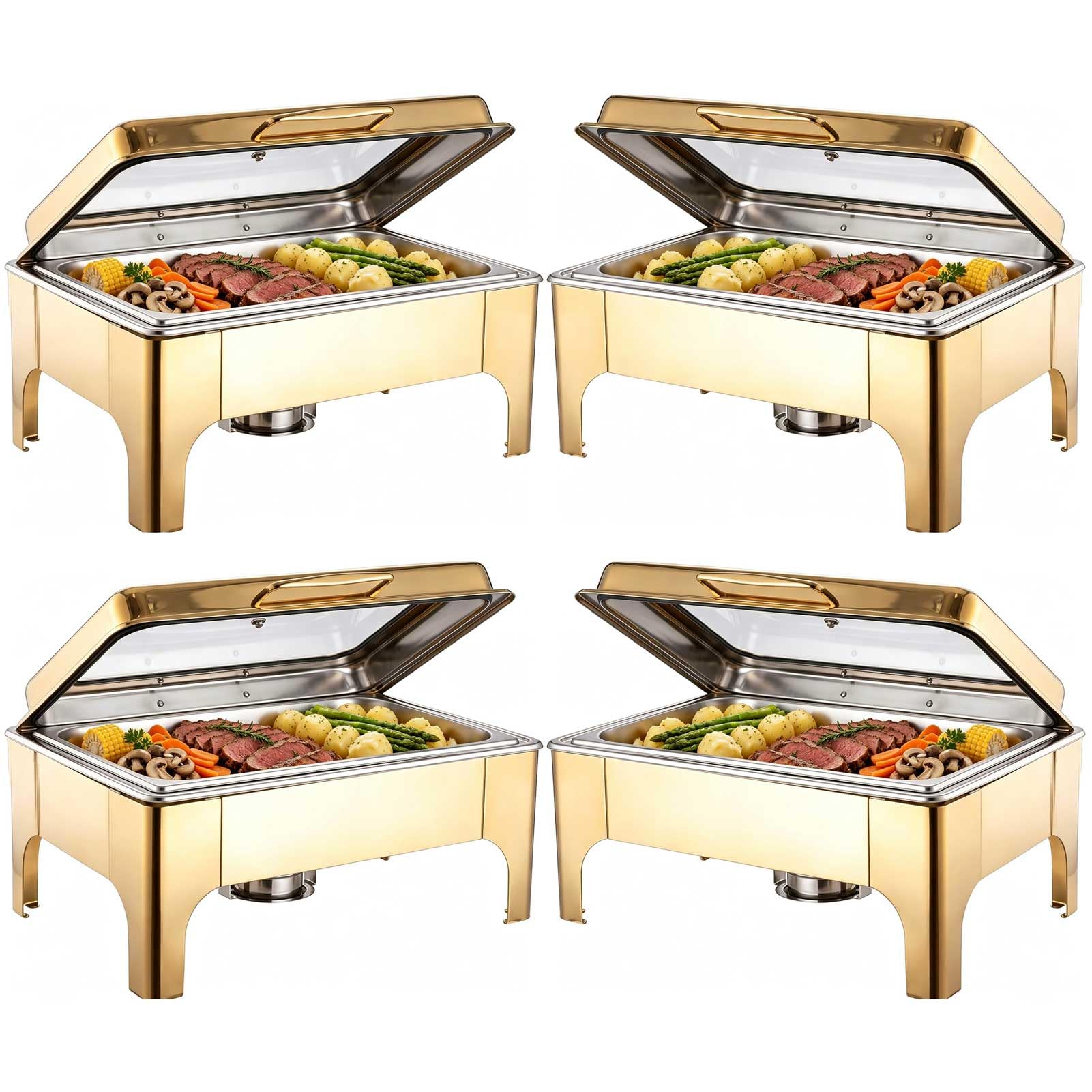 1/2/4 PCS Calentadores de Comida para Buffet de Acero Inoxidable Rectangulares 9L Calentador de Buffet con Tapa de Cristal Templado, Tapas Chafing Dish para Restaurantes Catering Fiestas,Oro,4 Pack