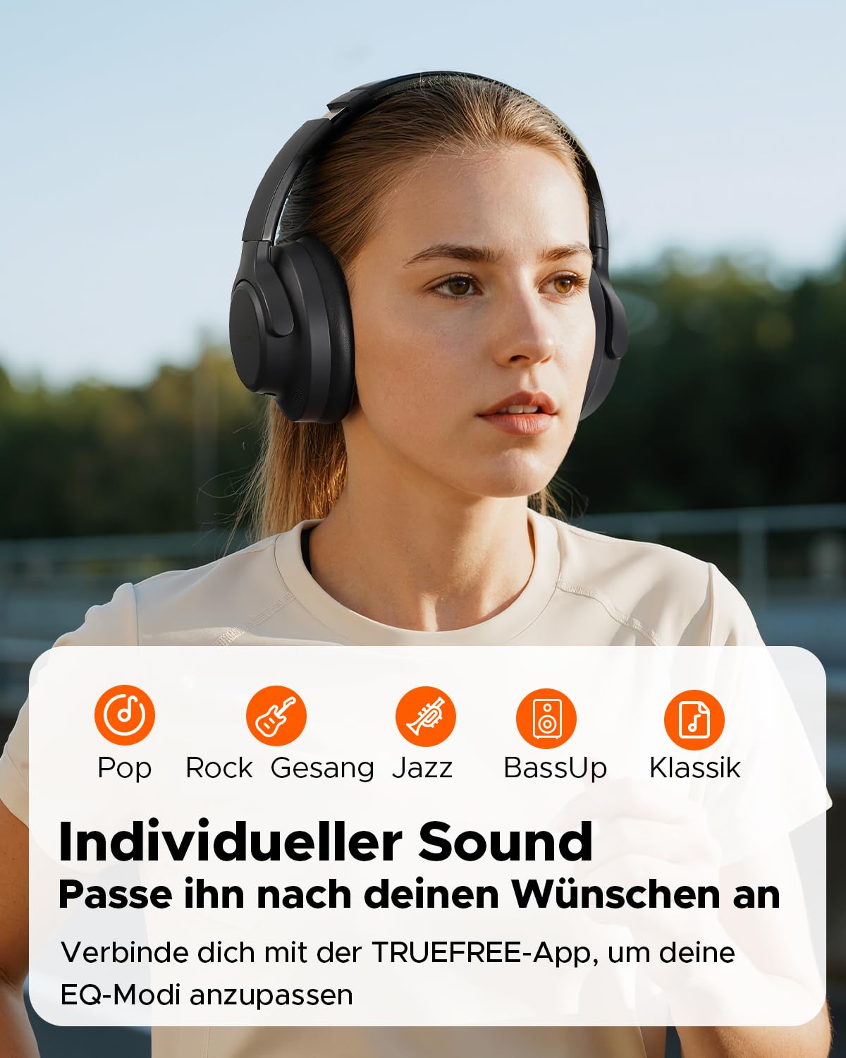 truefree HF-10 Over-Ear Bluetooth Kopfhörer mit 40mm Treiber, ANC -45dB, Raumklang, 125h Akku, AI Mikrofon, App, Gaming Modus, faltbar, USB-C, AUX, Headset mit Transparenzmodus