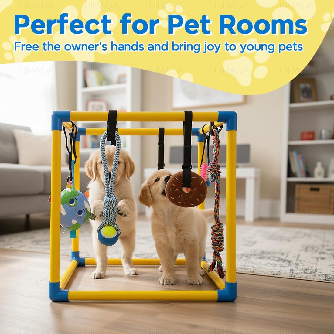 HiNADA Puppy Play Gym with 8 Hanging Toys, Small Dogs Indoor Jungle Gym with Squeaky Toys, PVC Frame with Bungee Straps Enrichment Activity Center(Suitable for Dogs Up to 25 lbs)