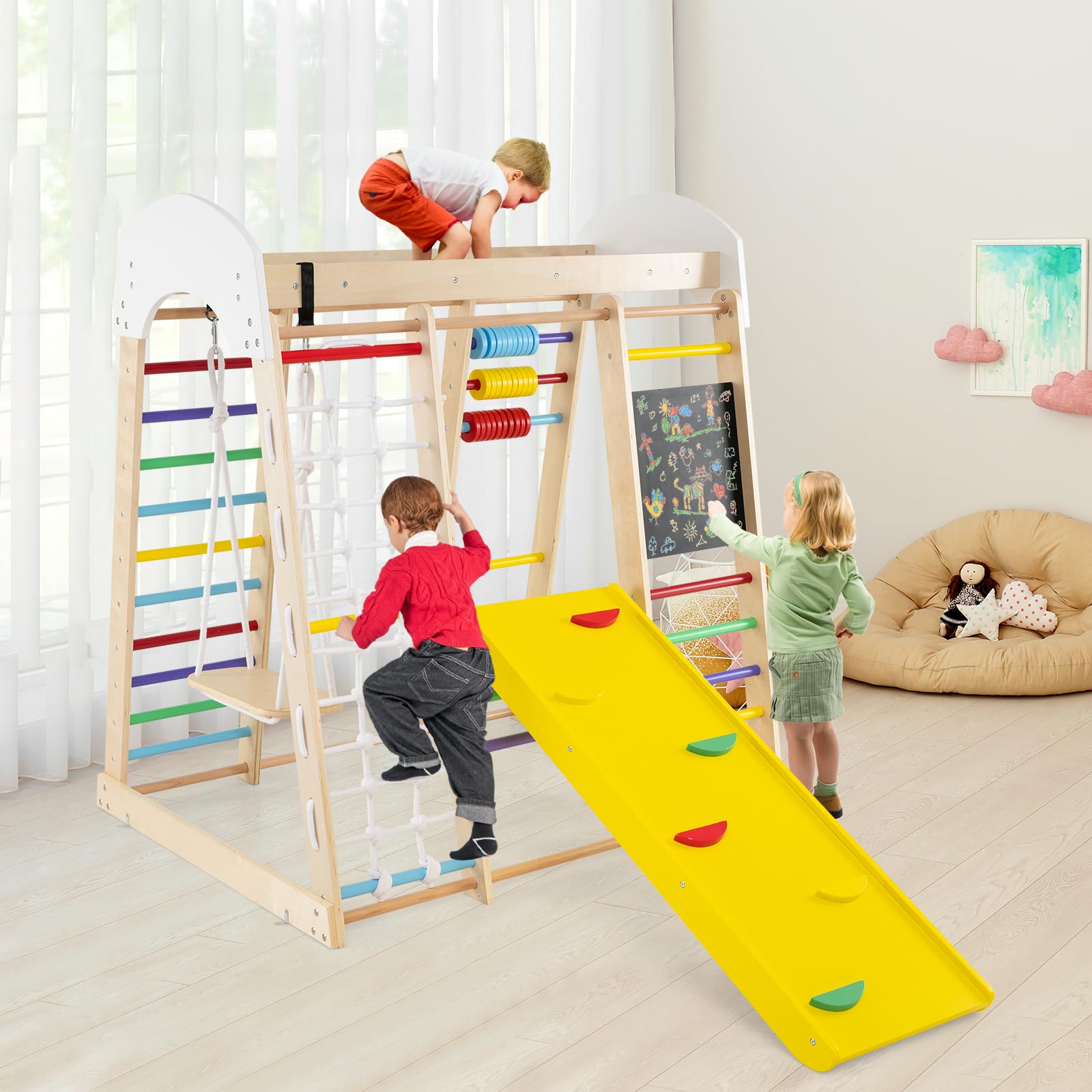 COSTWAY Set Escalada 7 en 1 para Niños,Escaldada de Madera con Rocas de Escalar y Escalera, Red de Escalada, Barra Horizontal, Centro Actividad de Interior para Niños 3+ Años (Multicolor)