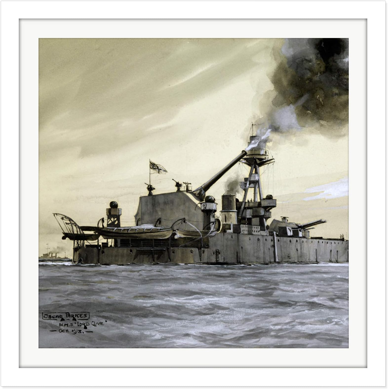 Parkes HMS Lord Clive Shelling German Forts War Painting Square Wooden Framed Wall Art Print Picture 16X16 Inch