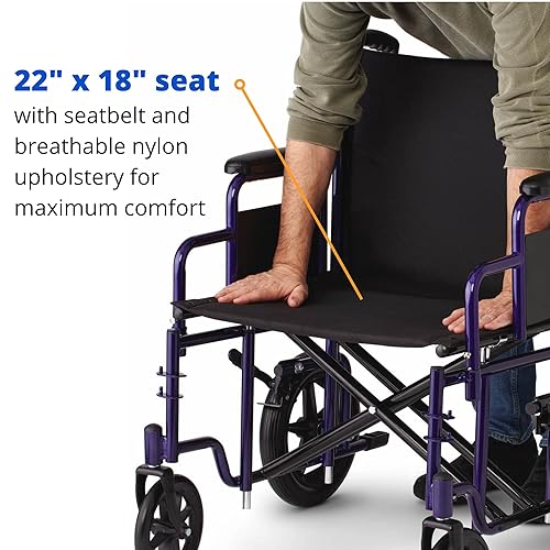 Miniatura 3 de Medline Silla de transporte resistente soporta hasta 500 libras, silla de ruedas de transporte bariátrico, asiento de 22" x 18", marco azul