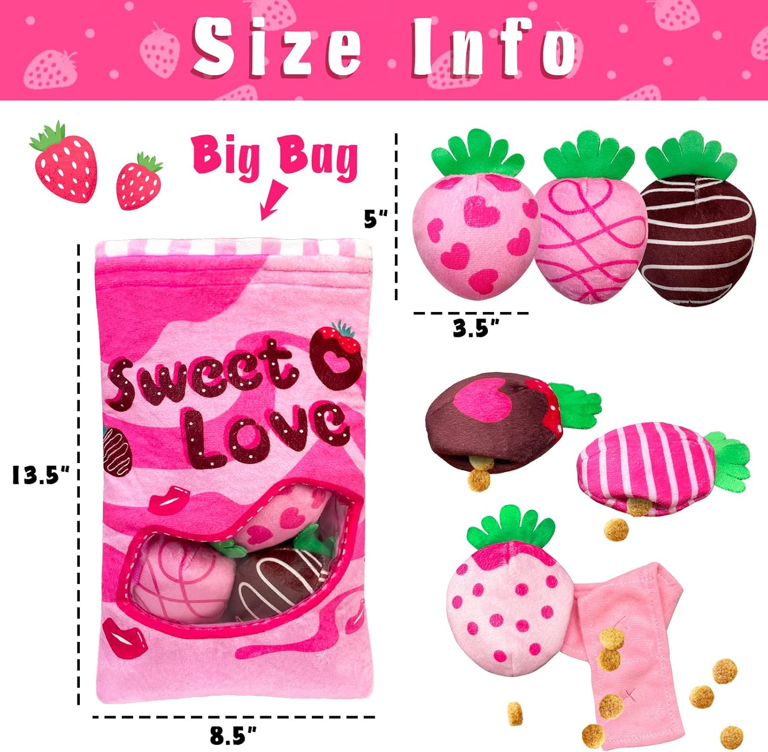 Valentine's Day Dog Toys, Squeaky Hide and Seek Dog Toy, Interactive Puzzle Dog Toys for Boredom and Stimulation, Valentine's Day Dog Gifts for Small and Medium Dogs (Strawberries, Pack of 7)