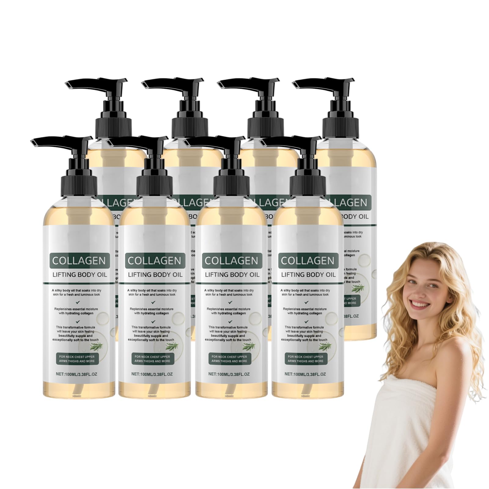 Collagene Lifting Olio Corpo per la Pelle Rassodante Aspetto - Collagene Idratante Olio Corpo dopo la Doccia - Olio Corpo Rassodante con Olioe e Vitamina E, Aiuta ad Ammorbidire bio (8 bottiglie)