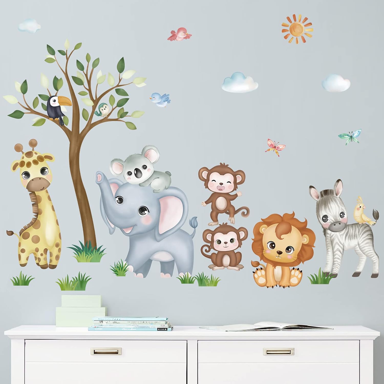 wondever Jungle Baby Animals Wall Stickers Safari Giraffe Monkey Tree