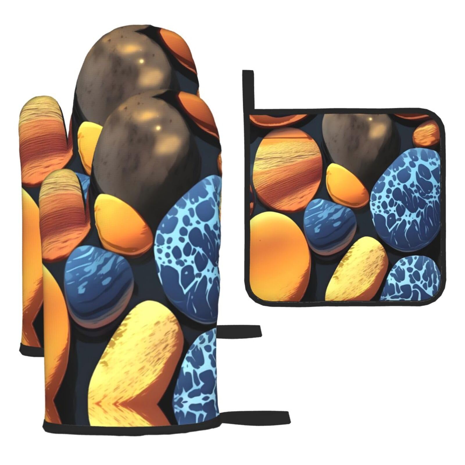 Yellow pebbles Oven mittens and oven mitts three-piece set suitable for oven, grilling, baking, microwave and home cooking.
