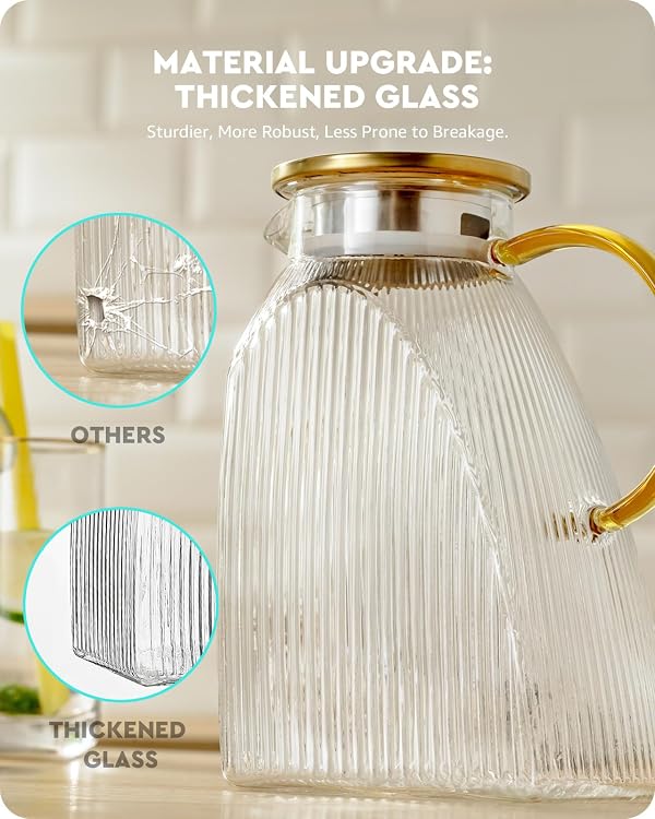 Baffect Water Pitcher, High Borosilicate Glass Jug with Stainless Steel Lid, Leakproof Fridge Door Carafe for Hot or Cold Beverage Vertical Pattern (1.8 L/63 oz.) by Baffect - Image 3