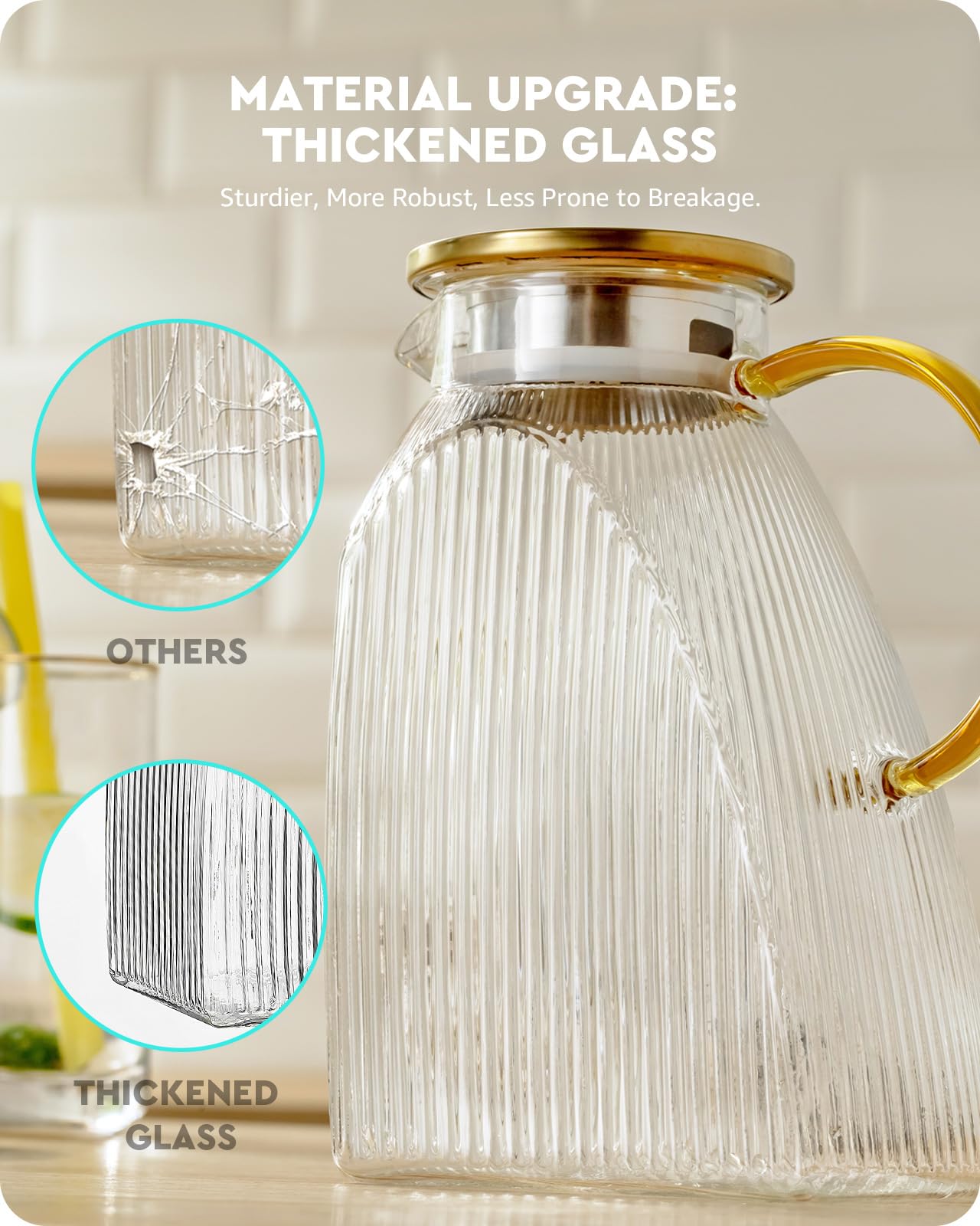 Baffect Carafe à eau pour porte de réfrigérateur, 1,8 l, en verre borosilicate avec couvercle en acier inoxydable, carafe pour boissons chaudes ou froides faites maison
