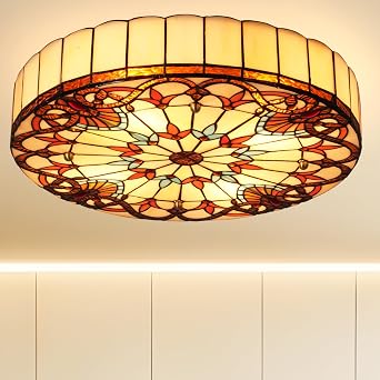 20" Vintage Tiffany Style Ceiling Light, 4-Light Stained Glass Flush Mount Ceiling Pandent Light Fixture for Farmhouse Kitchen Island