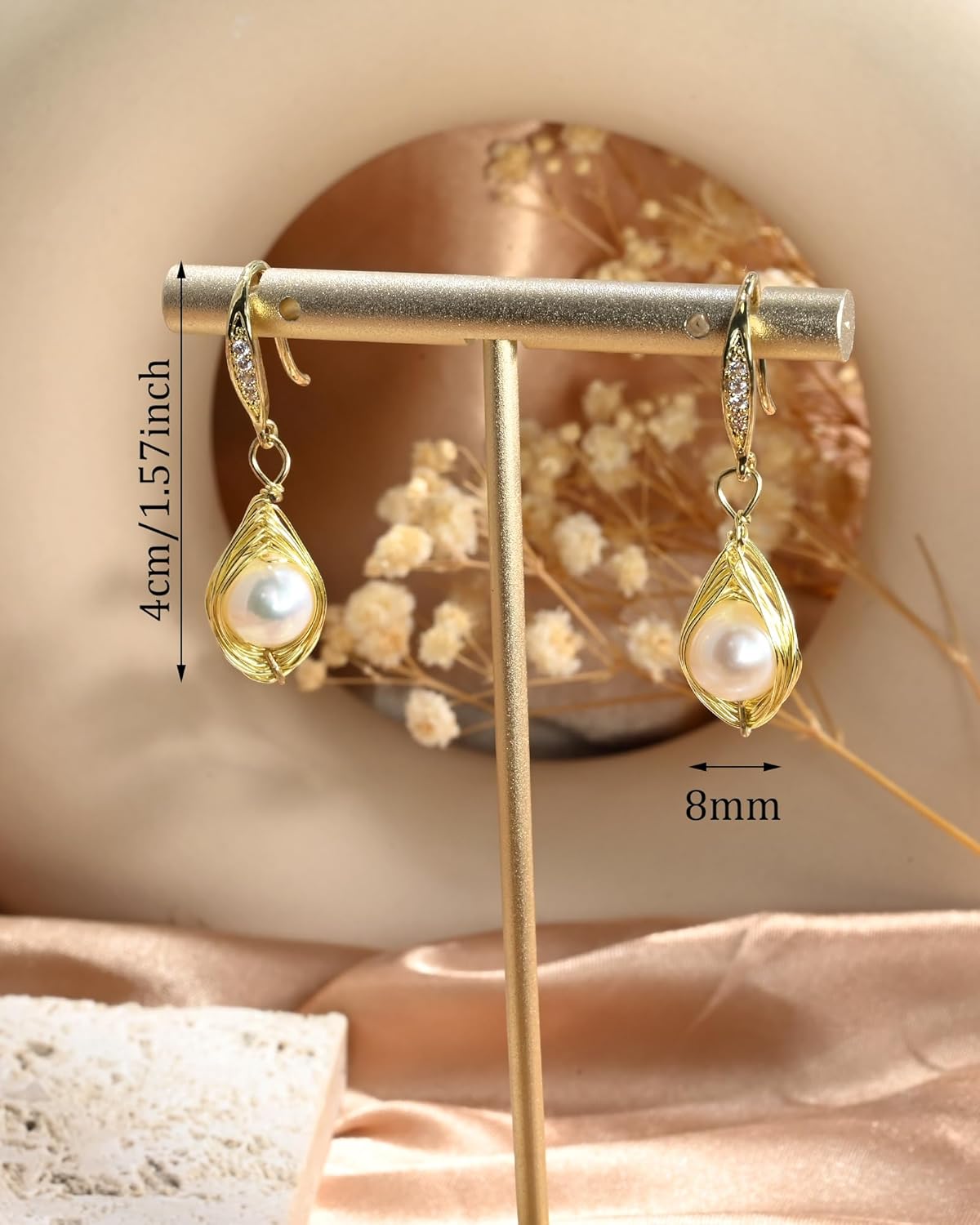 14K Gold Plated Pearl Dangle Earrings for Women Freshwater Pearl Earrings with Cubic Zirconia Hook for Wedding - Image 5