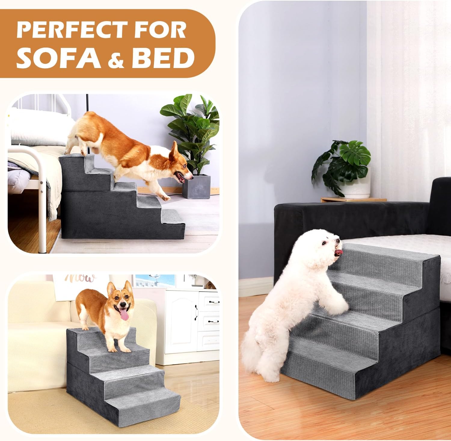 Heeyoo Dog Stairs for Small Dogs, 4-Step Dog Steps for High Bed and Couch, High-Density Foam Pet Steps with Supporting Board, Non-Slip Removable Washable Cover, Grey, 18" High