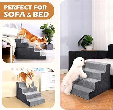Heeyoo Dog Stairs for Small Dogs, 4-Step Dog Steps for High Bed and Couch, High-Density Foam Pet Steps with Supporting Board, Non-Slip Removable Washable Cover, Grey, 18 High