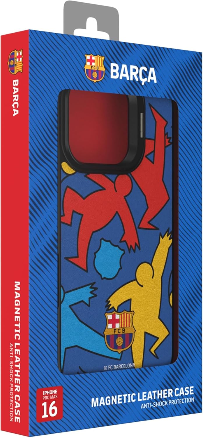 OCPC FC Barcelona Phone Case with Built-in Stand, Premium PU Leather, Anti-Slip & Shockproof, Licensed by FC Barcelona and Made Gaming USA, Inc. for iPhone 16 Pro Max Clear