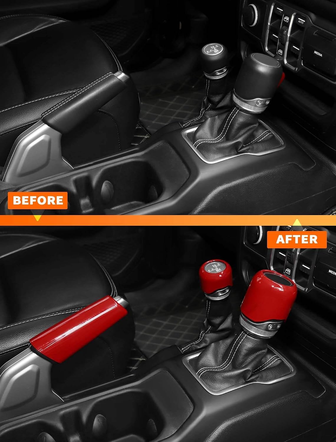 Savadicar Red Interior Accessories - Handbrake & Gear Shift Knob Trim Set for 2018-Present Jeep Wrangler JL JLU 4XE & Gladiator JT - Solid Color Interior Decor Upgrade Option, 3-Piece