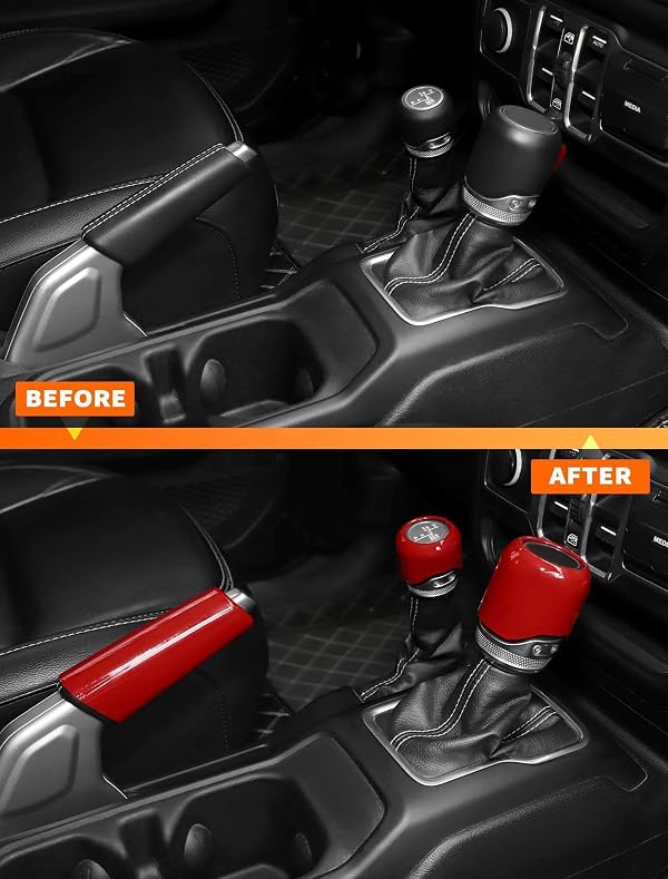 Savadicar Red Interior Accessories - Handbrake & Gear Shift Knob Trim Set for 2018-Present Jeep Wrangler JL JLU 4XE & Gladiator JT - Solid Color Interior Decor Upgrade Option, 3-Piece by Savadicar - Image 5