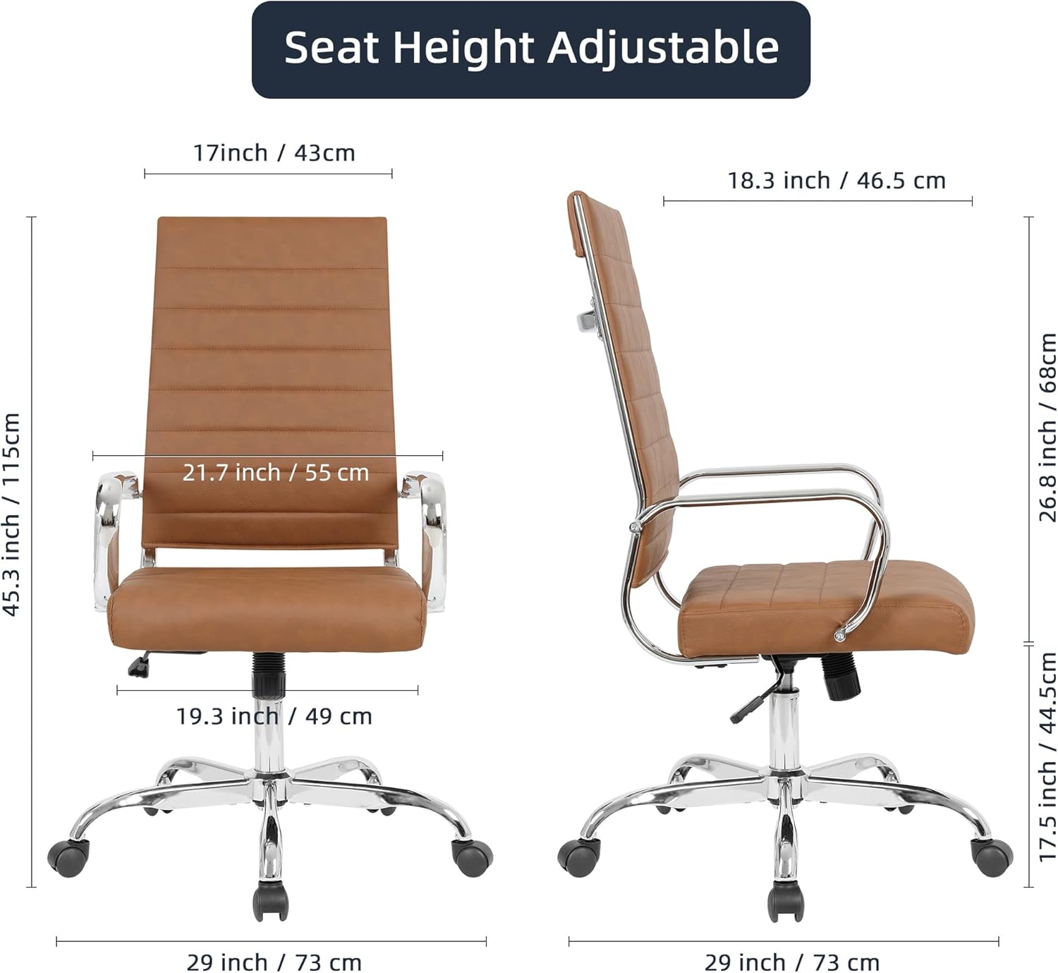 LANDSUN Home Office Chair High Back Executive Chair Ribbed Leather Computer Desk Chair with Armrests Soft Padded Adjustable Height Swivel Modern Conference Chrome Brown