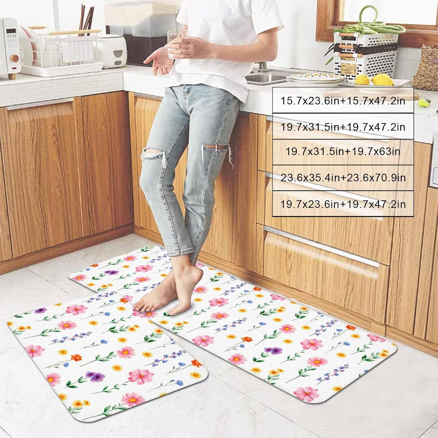 Prime Leader Spring Summer Wildflowers Kitchen Mat Set 2 Pieces Pink Green Yellow Floral Non Slip Kitchen Rugs Washable Runner Rug Mats for Floor Sink Laundry Office 23.6" x 35.4"+23.6" x 70.9"