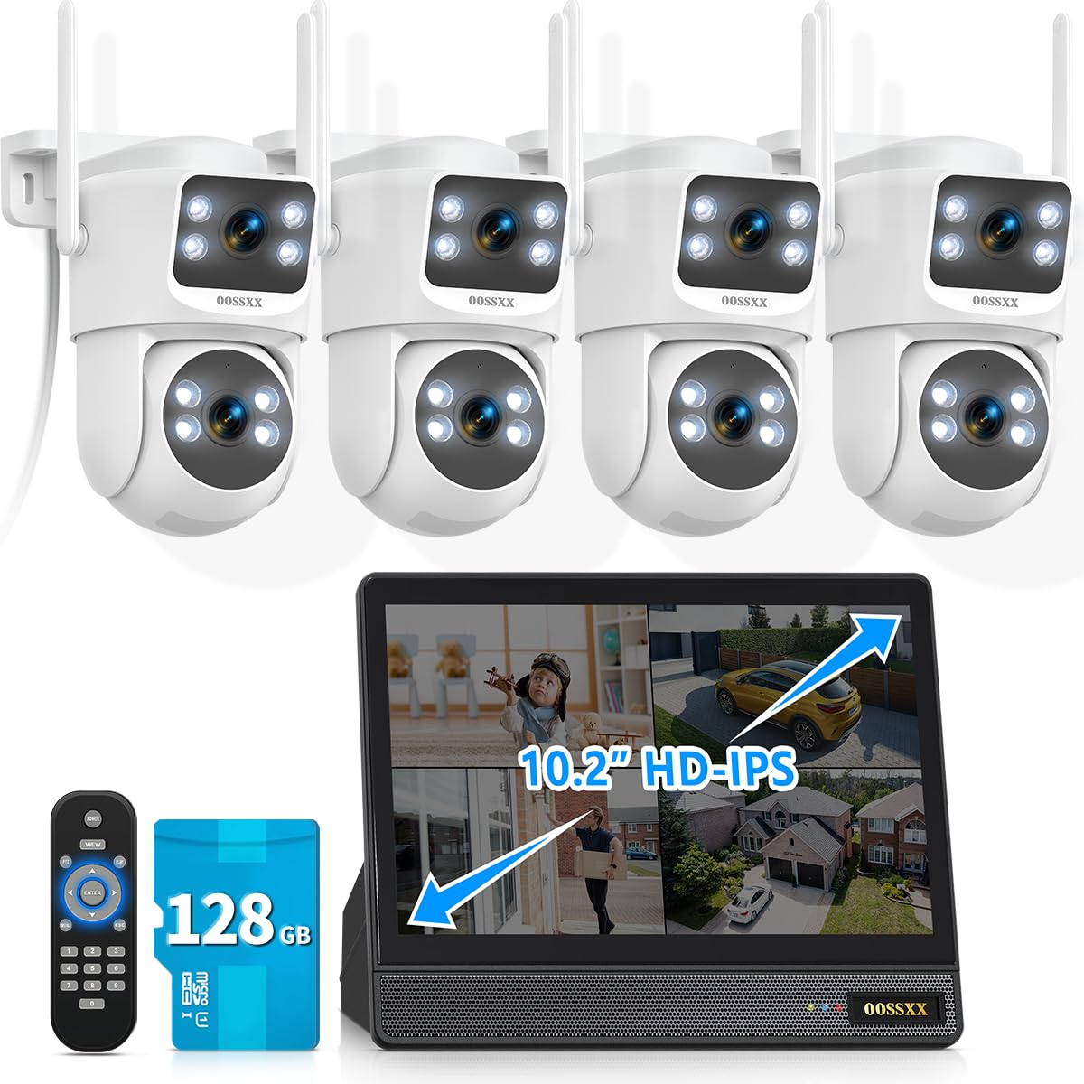 2K Dual Lens PTZ Wireless Security Camera System with 10CH 10" Monitor