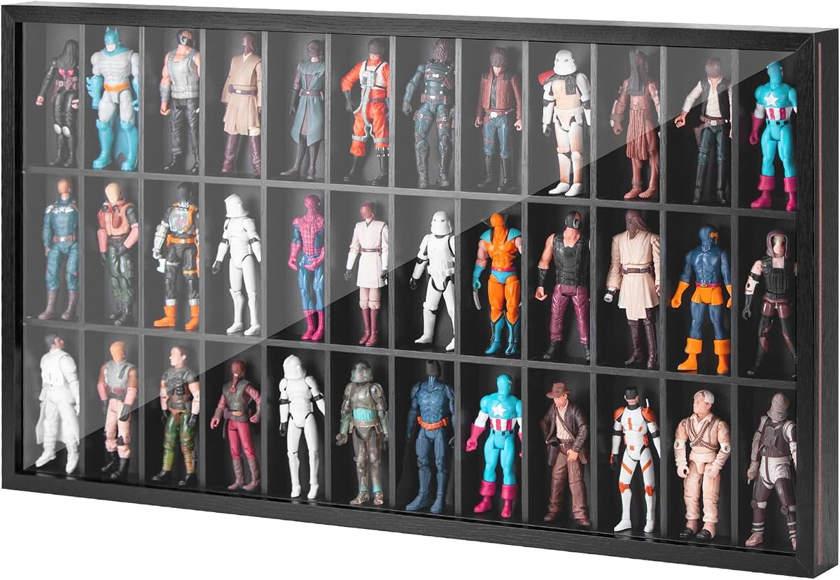 Vitrina de madera para figuras de acción de 3,75 pulgadas, vitrina de coleccionistas de 36 compartimentos montada en la pared,apta para figuras de acción de Star Wars / GI Joe / Marvel a escala 1/18, color negro