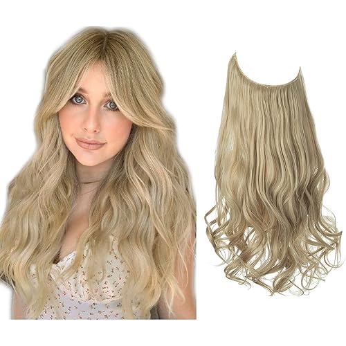 SARLA Invisible Wire Hair Extension Pale Ash Blonde Wavy Curly Long Synthetic Hairpiece 18 Inch Adjustable Headband for Women Heat Resistant Fiber No Clip