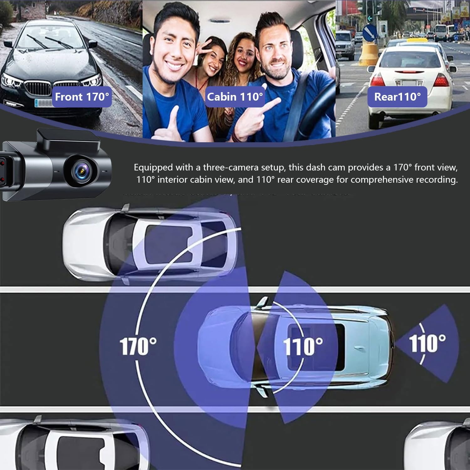 Dash Cam Front and Rear, 1080P Dual Dash Camera, WiFi & App Control, IR Night Vision, 170° Wide Angle, G-Sensor, Parking Mode, 24/7 Loop Recording, 64GB Micro SD Card Included – Black