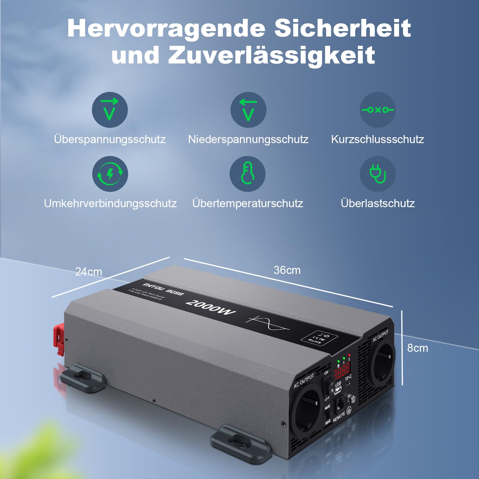 DATOUBOSS Wechselrichter 2000W 24V auf 230V, Reiner Sinus Spannungswandler, Power Inverter mit 2 AC-Steckdosen, USB & USB-C-Anschluss,LCD-Anzeige, 4000W Spitzenleistung für Wohnmobil, Solaranlage, Kfz