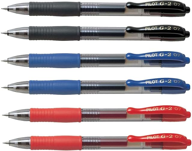 Pilot G2 pens retractable Gel Roller ballpoint 07 Fine point Black, Blue & Red Bundle, (Pack of 6)