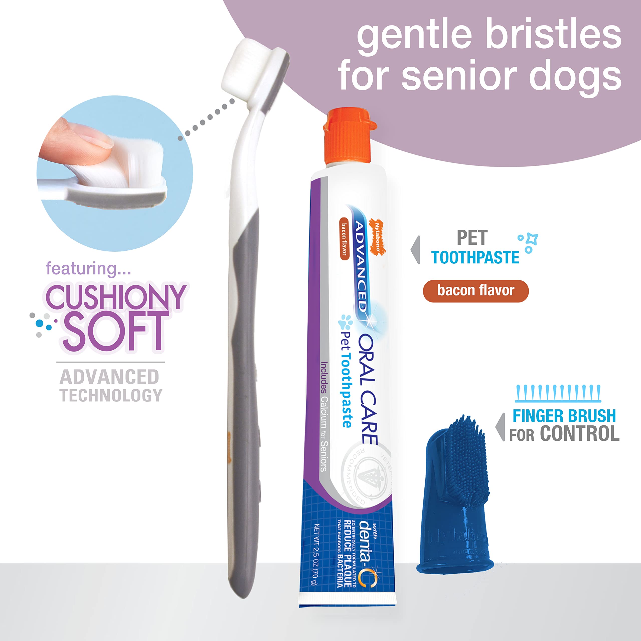 Nylabone Advanced Oral Care Kit Dentaire pour Chien Senior avec Brosse à Dents à Poils Doux et rembourrés 3 pièces
