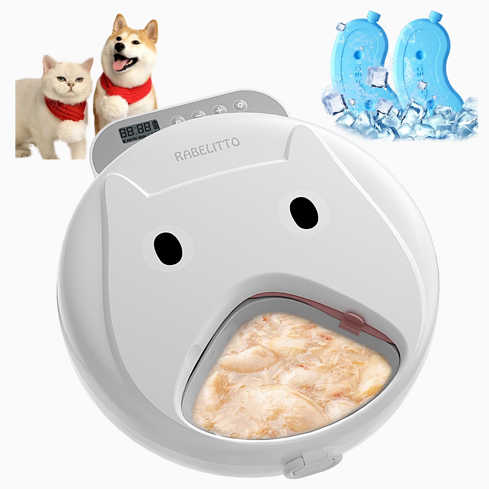 Automatic Cat Feeder Wet&Dry Food-Cordless Pet Food Dispenser-Pet Fresh Food Refrigerated Container with 2 Ice Packs,Programmable Timer Battery Powered Feeder for Cat Samll Dog-4 Meals Per Day-White