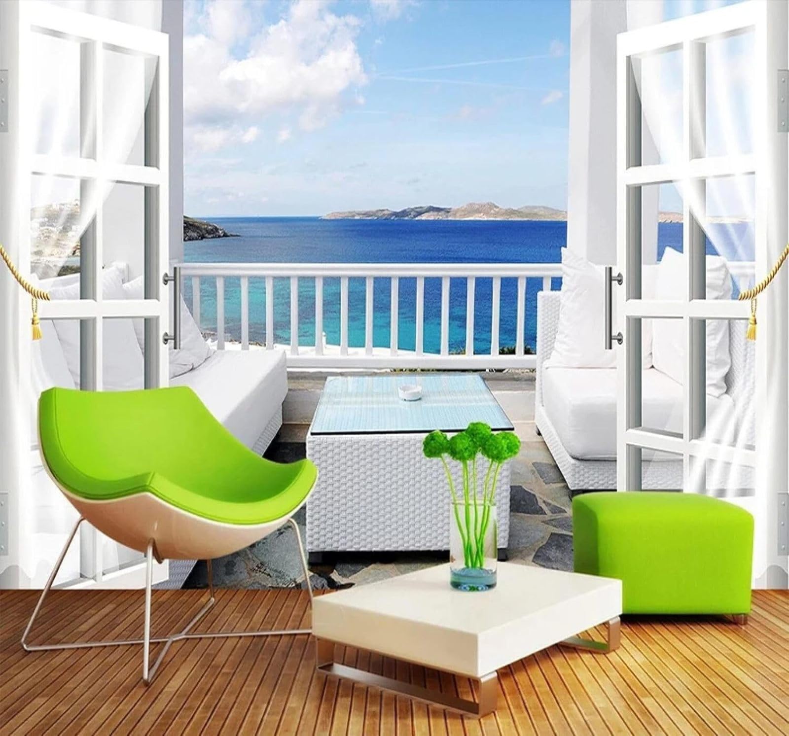 Xlming 400Cm×280Cm(B×H) Three Dimensional Balcony Blue Beautiful Seascape 3D Wallpaper Luxury Home Dining Decor Paste Sofa Living Room The Wall For Bedroom Mural-400Cm×280Cm
