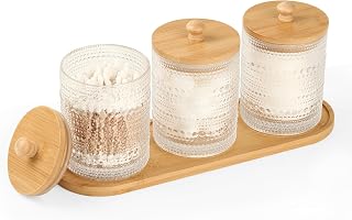 3 Pack Qtip Holder - Bathroom Organizers and Storage, Cotton Round Pad Holder Floss Pick Cotton Ball Holder with Tray, Glass Apothecary Jars with Lids, -clear y D