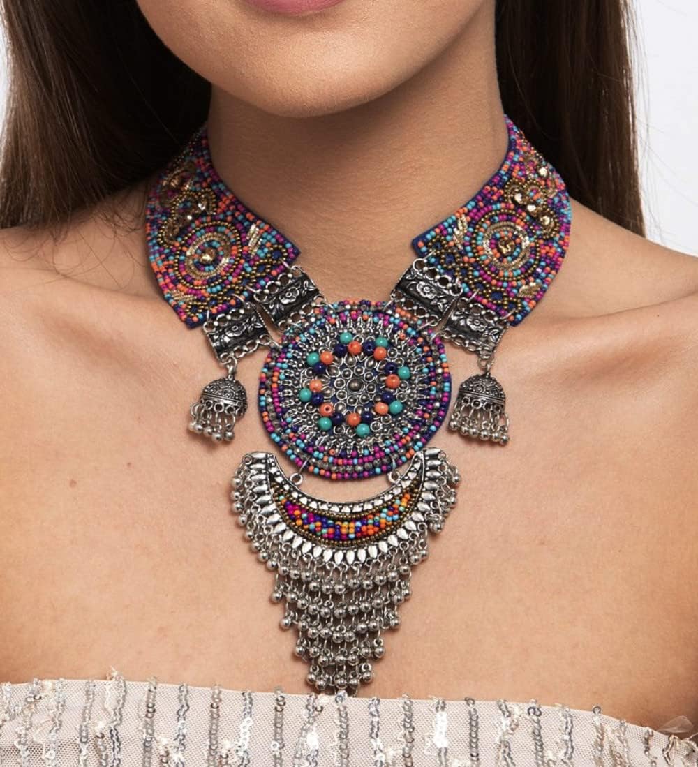 Indian Afghani Handmade Fabric Silver Oxidized Tassel Boho Beaded Embroidered Bohemian Thread Choker Necklace Jewelry