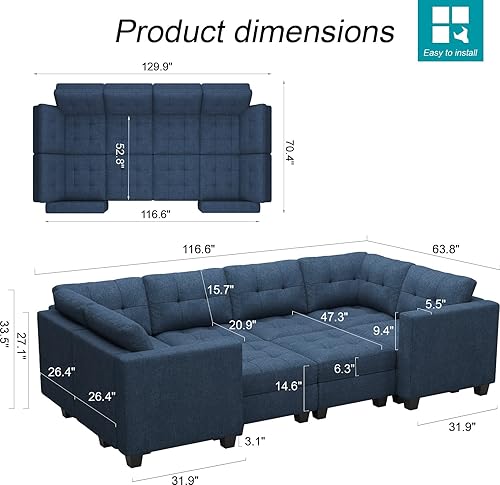 Miniatura 2 de Belffin Sofá cama modular seccional, azul, 3 plazas, algodón