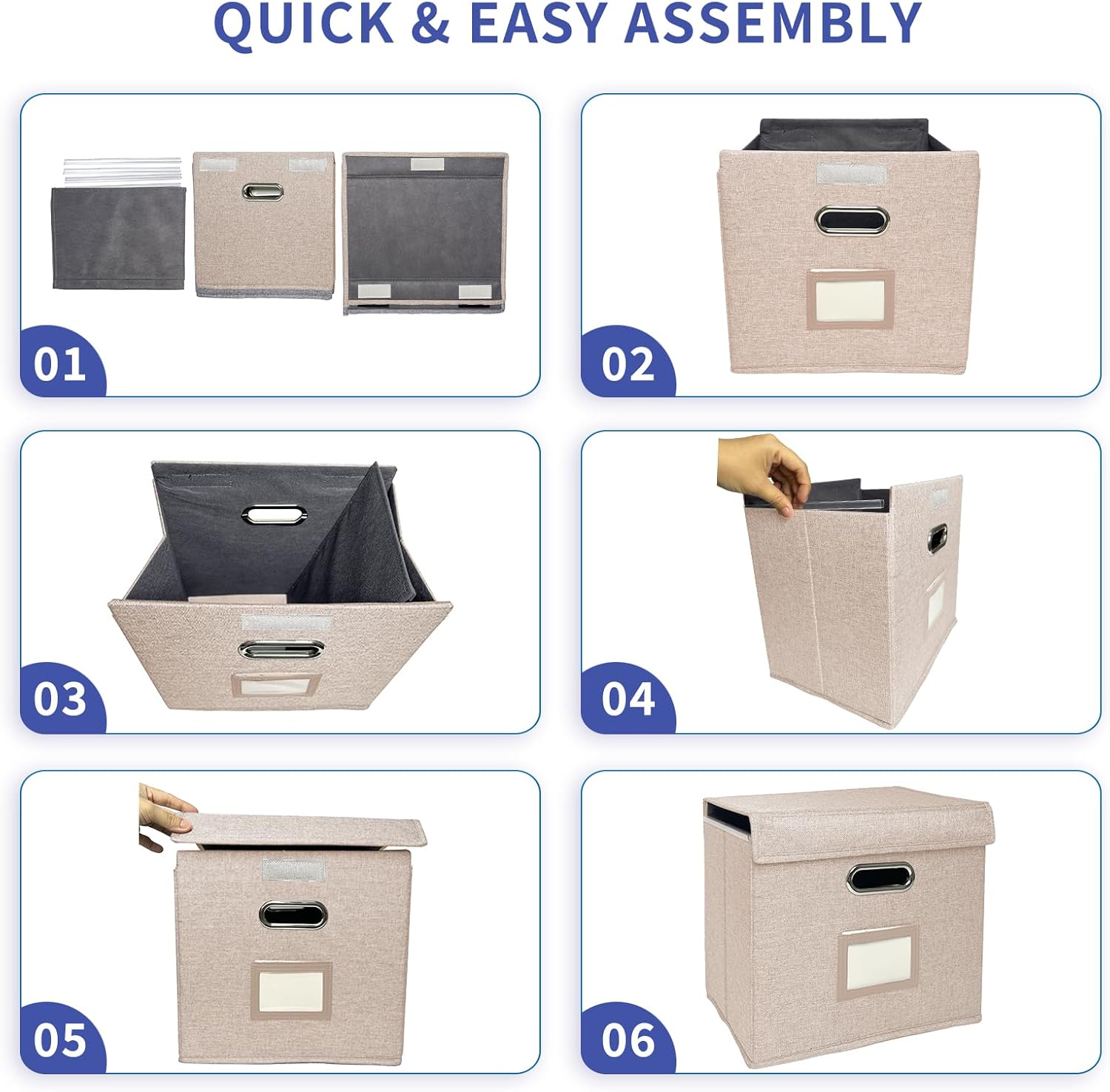 2 Pack Hanging File Folder Box with Lid, Durable Letter Size Filing Storage Box, Sturdy File Holder with Cardboard Support PVC Rails for Office Home Organizer, Beige