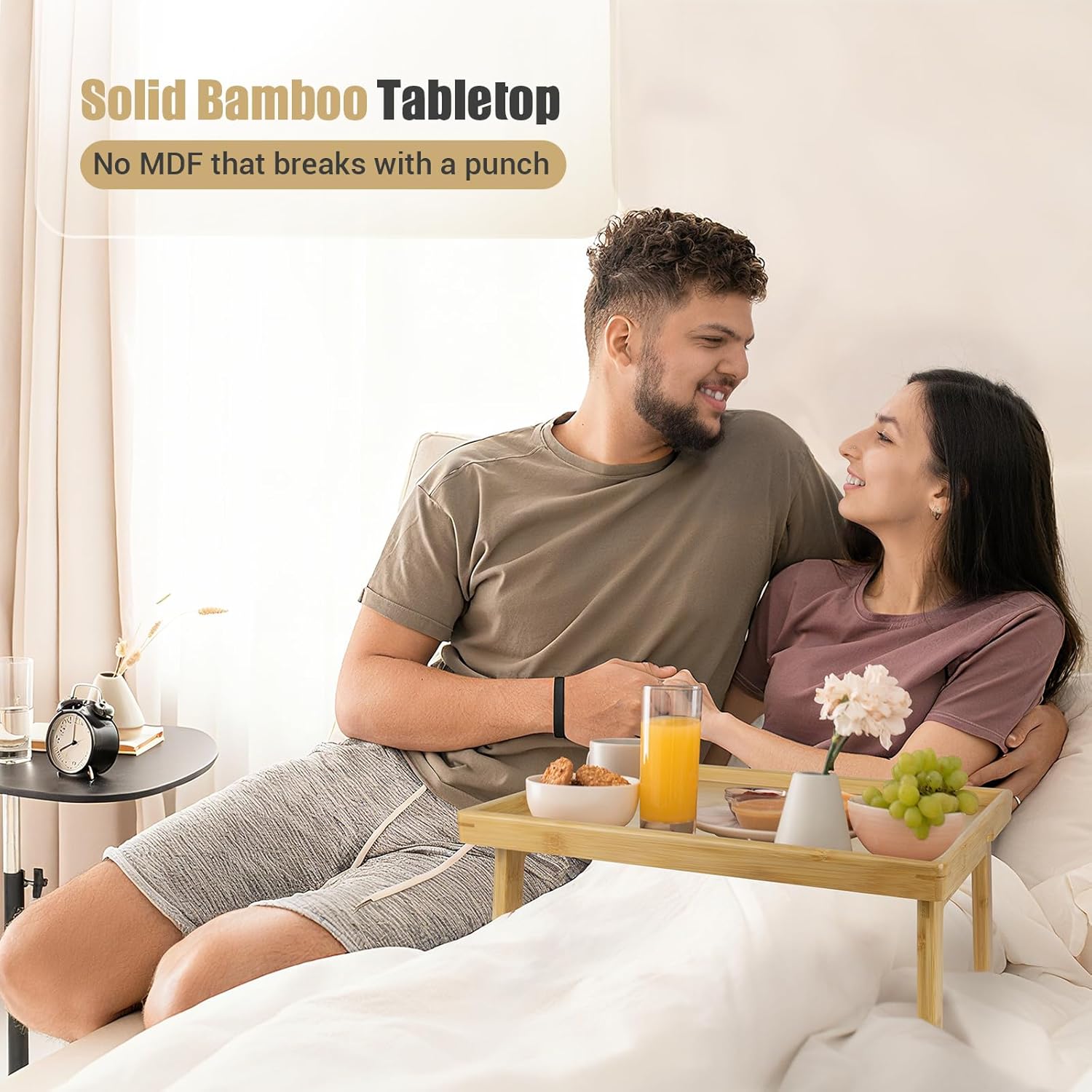 Bamboo Bed Table Tray with Support Bar and Foldable Legs, Breakfast Food Trays Table for Bed Sofa Eating and Laptops, TV Lap Tray Table on Couch (Applied for Invention Patent)