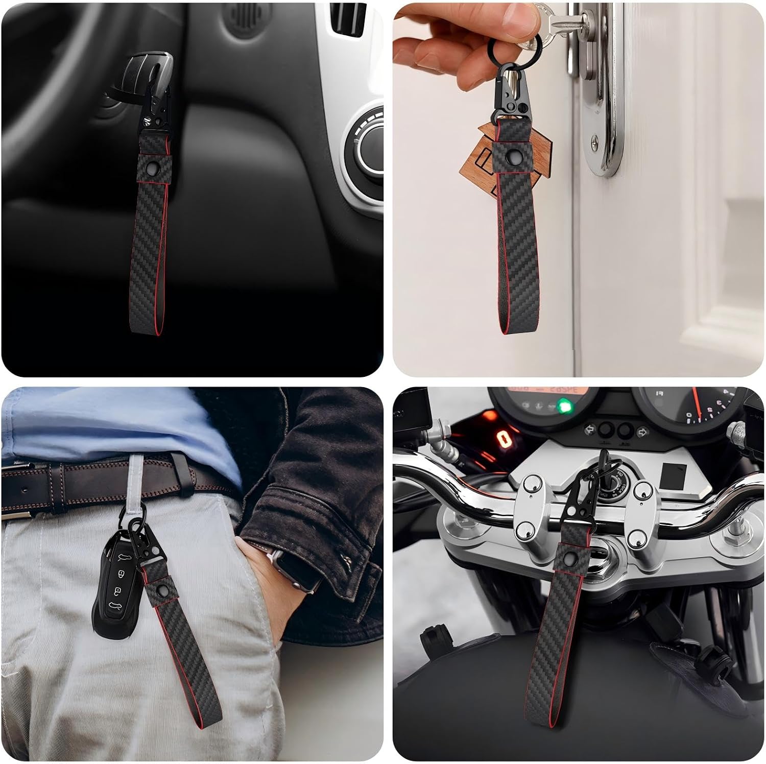 T-carbon Car Key Chain, Carbon Fiber Style Leather Motorcycle Keychain, Key Fob Holder, Key Chain Accessories for Men Women