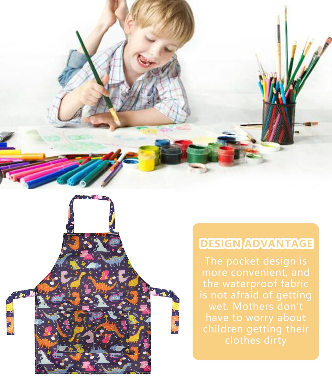 MESU Kids Aprons Cartoon Adjustable Child Chef Apron for Art Painting Gardeningg Dinosaur - Image 2