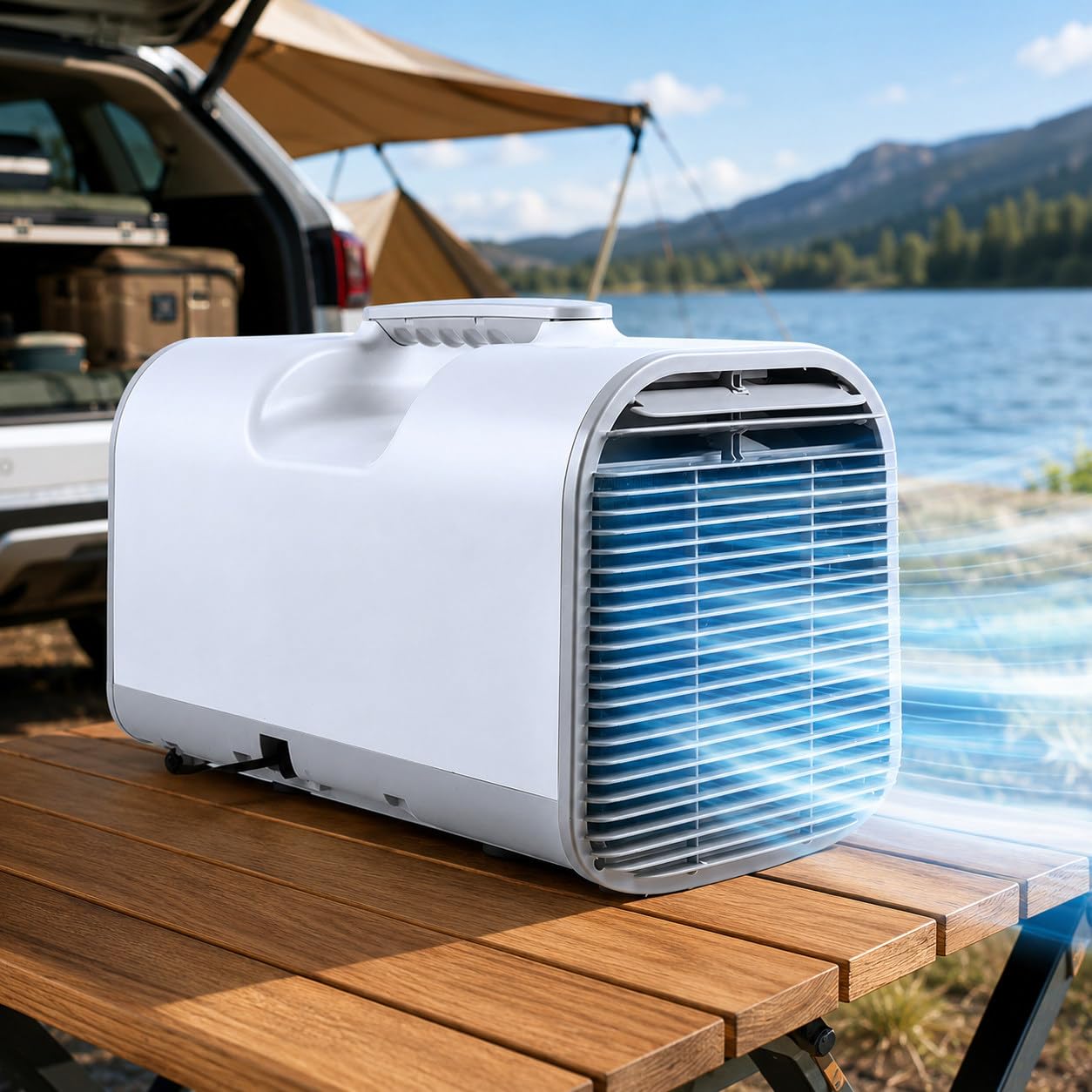 pedenencelia Portable Air Conditioner, 4777 BTU, AC/DC Caravan Air Conditioner, Travel, Camping, Motorhome, Outdoor Cooler, 4 in 1 Dehumidifier, Cooler, Fan, Digital Display, Remote Control